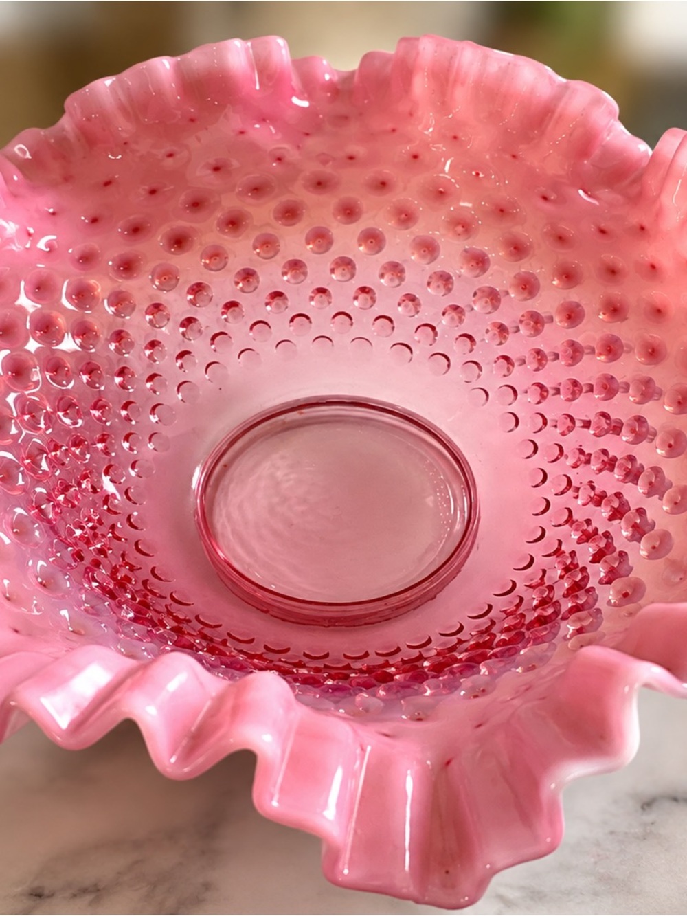 Vintage Fenton Cranberry Opalescent Hobnail Ruffled Bowl Pre-Logo